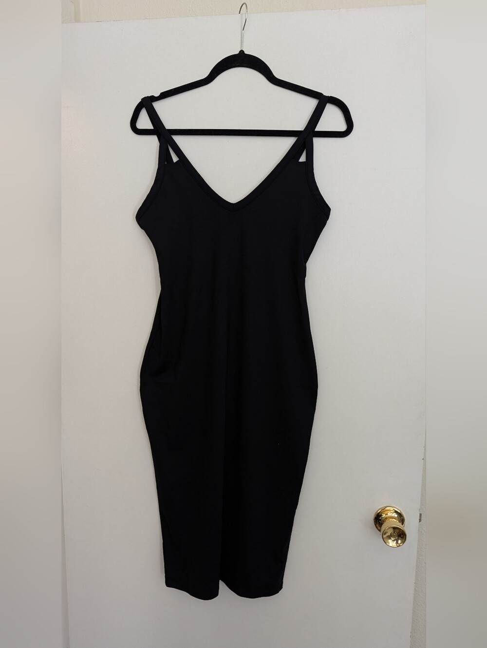 Leith Black V-Neck Jersey Midi Dress with Thin Triangle Straps